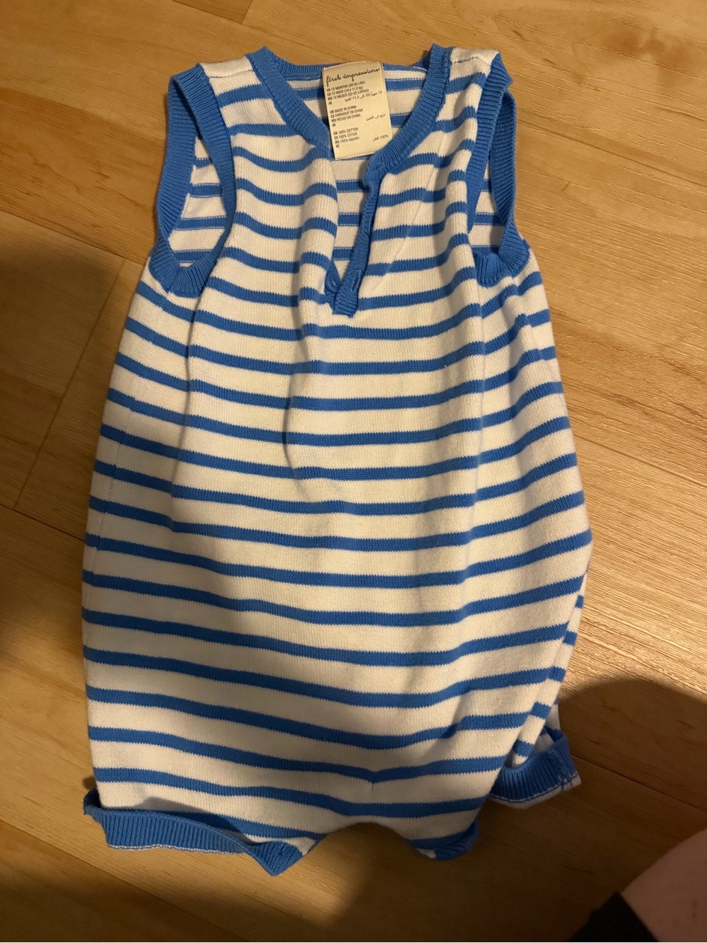 First Impressions Blue and White Striped Tank Romper